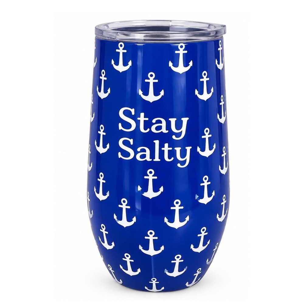 Stay Salty Anchor Nautical Blue Stainless Steel Insulated Wine Tumbler with Lid